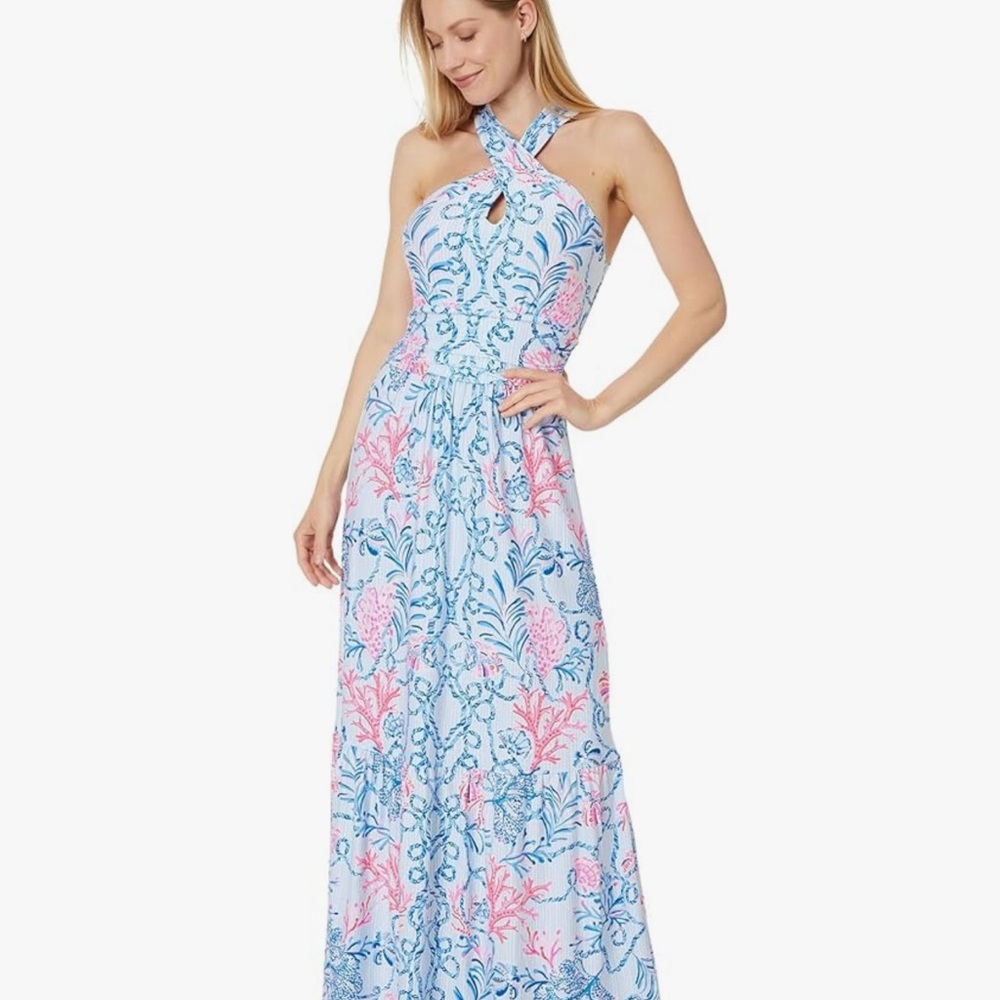 NWT Lilly Pulitzer Blue and Pink Halter Maxi Sundress